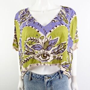 Lakhays Purple Green Floral Eye Print Crop Top One Size Short Sleeve Casual Boho